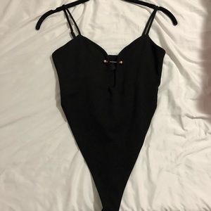 H:OURS black bodysuit with cutout at bust
